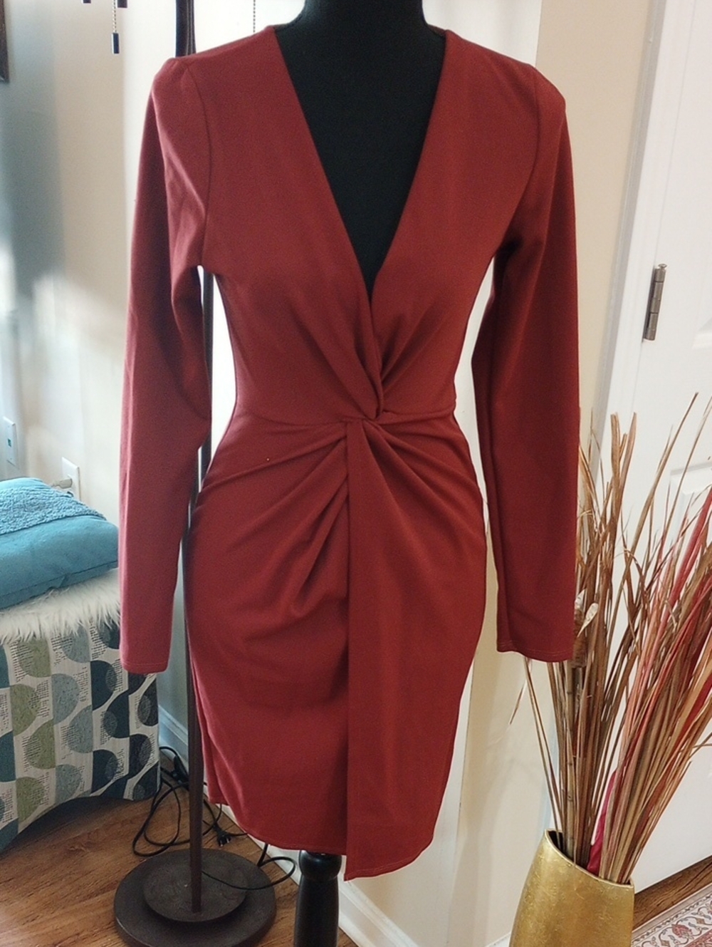Twist-Front Long Sleeve Dress in Rust